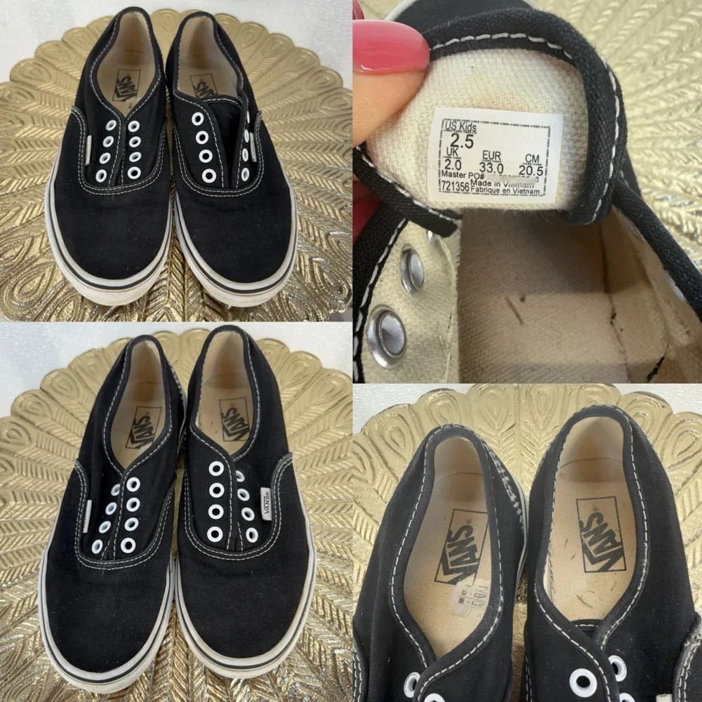 Vans Off The Wall Kids‎ 2.5 Black Canvas Slip On Sneakers